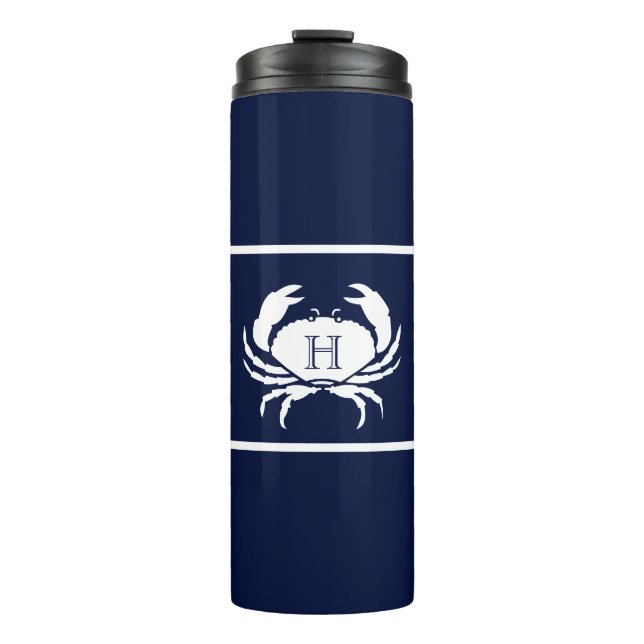 Monogrammed Navy Blue White Crab Nautical  Thermal Tumbler (Front)