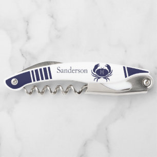 Monogrammed Navy Blue White Crab Nautical Waiter's Corkscrew