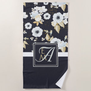 Monogrammed Navy Blue White Floral Decor Anemone Beach Towel