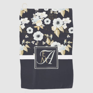 Monogrammed Navy Blue White Floral Decor Anemone Golf Towel