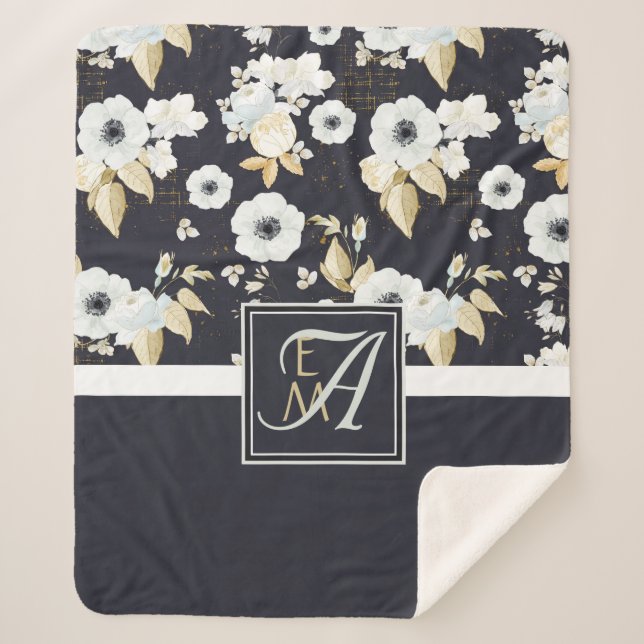 Monogrammed Navy Blue White Floral Decor Anemone Sherpa Blanket (Front)
