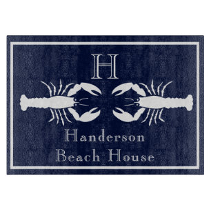Monogrammed Navy Blue White Lobster Nautical Cutting Board