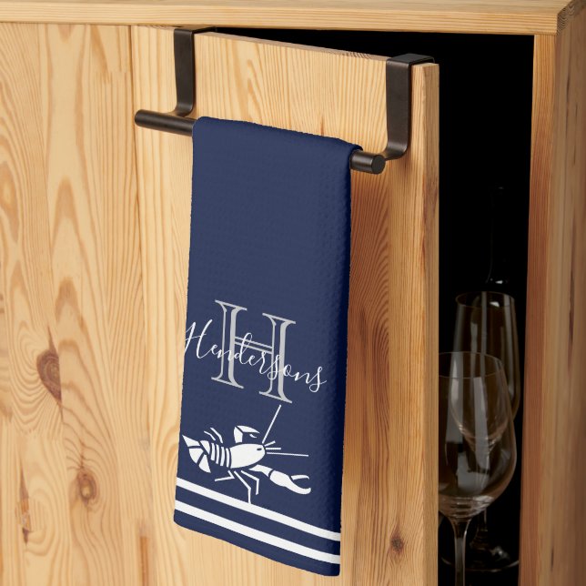 Monogrammed Navy Blue White Lobster Nautical  Kitchen Towel (Thirds Fold)