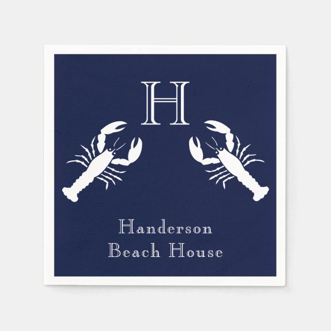 Monogrammed Navy Blue White Lobster Nautical    Napkin (Front)