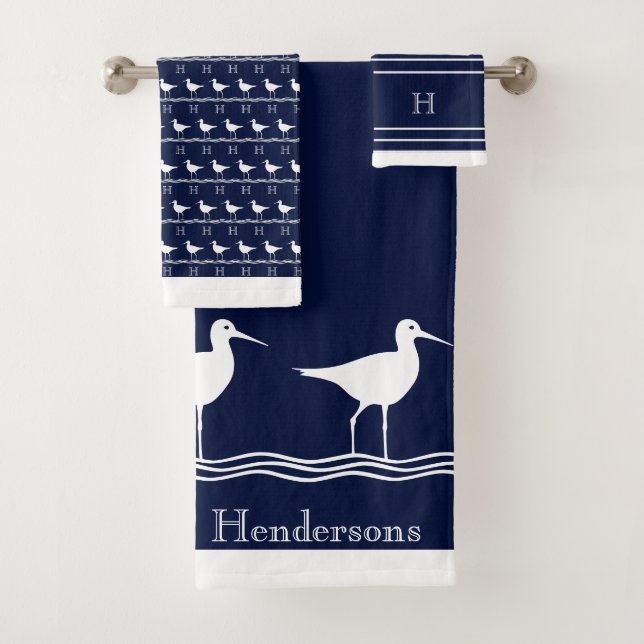 Monogrammed Navy Blue White Sandpipers Nautical Ba Bath Towel Set (Insitu)