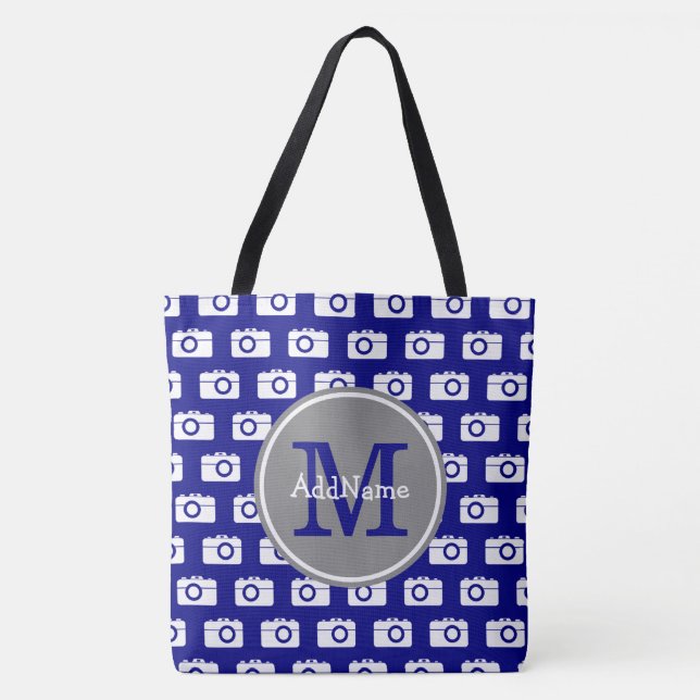 Monogrammed Navy Camera Pattern with Custom Name Tote Bag (Front)
