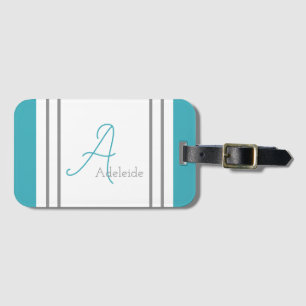 Monogrammed Ocean Blue & Grey Stripes Luggage Tag