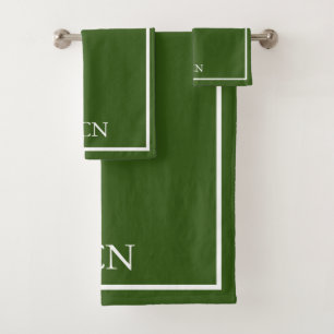Monogrammed Olive Dark Green White Border Classic  Bath Towel Set