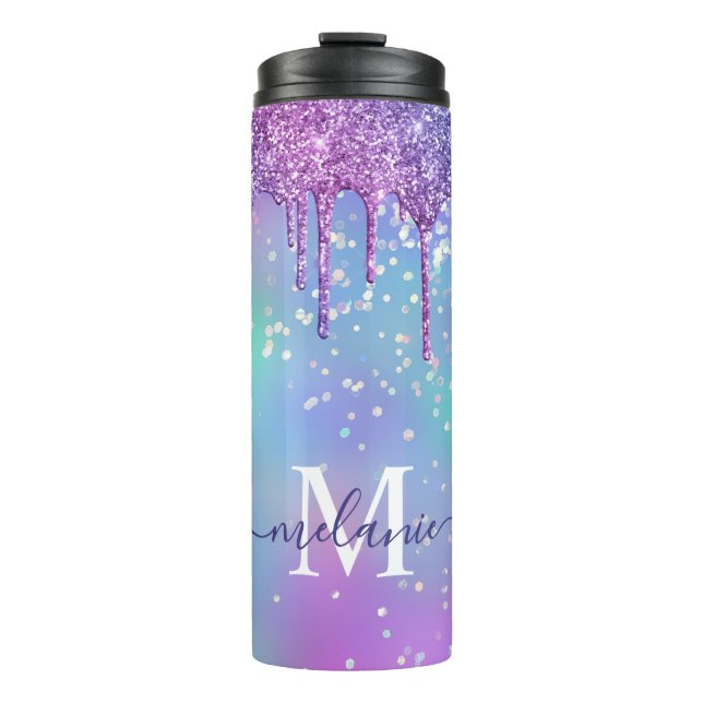 Monogrammed Ombre Rainbow Glitter Drip Thermal Tumbler (Front)