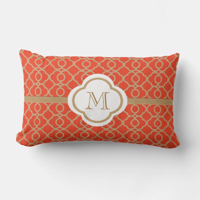 Monogrammed Orange and Gold Moroccan Lumbar Pillow (Front)