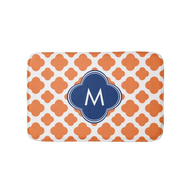 Monogrammed Orange and Royal Blue Quatrefoil Bath Mat (Front)