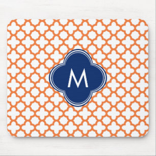 Monogrammed Orange and Royal Blue Quatrefoil Mouse Pad