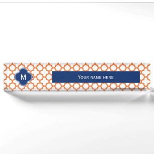 Monogrammed Orange and Royal Blue Quatrefoil Nameplate