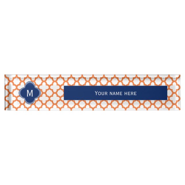 Monogrammed Orange and Royal Blue Quatrefoil Nameplate (Front)