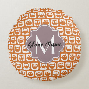 Monogrammed Orange Owls Round Pillow