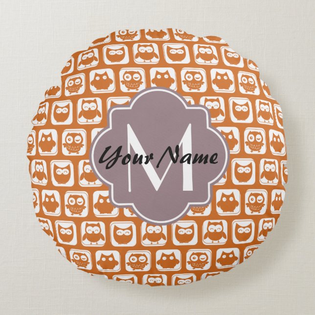 Monogrammed Orange Owls Round Pillow (Front)