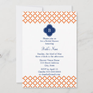 Monogrammed Orange , Royal Blue Quatrefoil Bridal Invitation