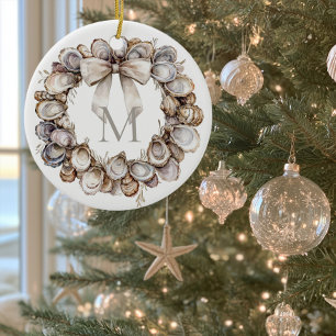 Monogrammed Oyster Shell Wreath Christmas Ceramic Ornament
