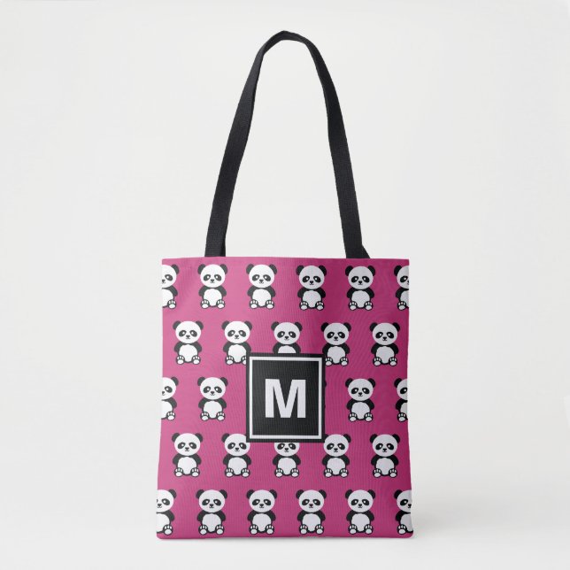 Monogrammed Panda Bear Animal Kawaii Pink Tote Bag (Front)