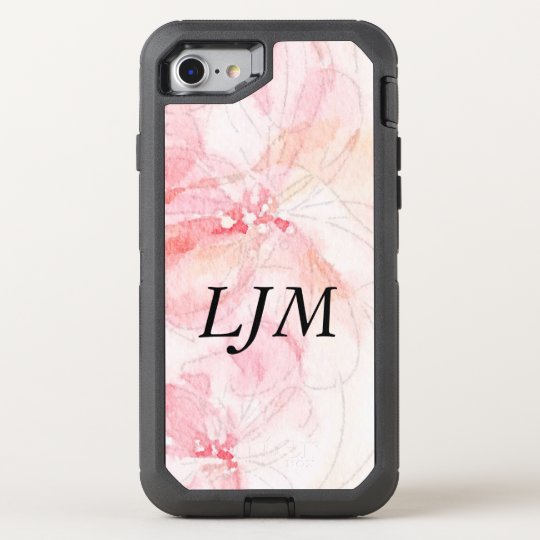 Monogrammed Pastel Pink Floral Watercolor OtterBox Defender iPhone 8/7 Case