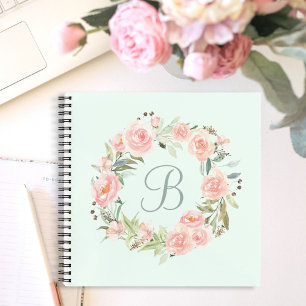 Monogrammed Pastel Pink Flower Wreath Diary Notebook
