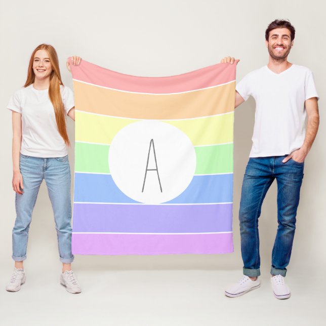 Monogrammed Pastel Rainbow Colourful Stripes Fleece Blanket (In Situ)