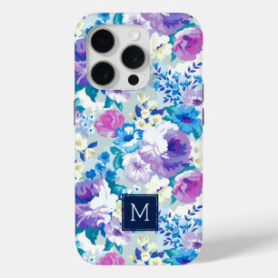 Monogrammed Pastel Watercolors Flowers Pattern iPhone 15 Pro Case