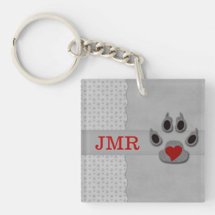 Monogrammed Paw Print and Red Heart Keychain