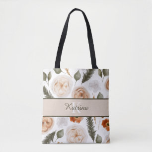 Monogrammed Peach Watercolor Floral Tote Bag