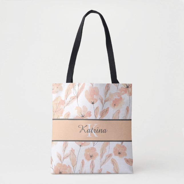 Monogrammed Peach Watercolor Floral Tote Bag (Front)