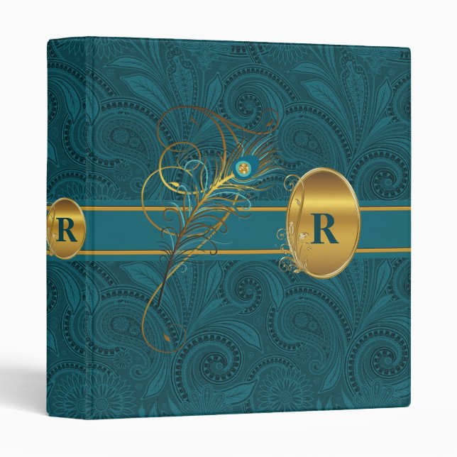 Monogrammed Peacock and Gold Paisely Wedding Binder (Front/Spine)