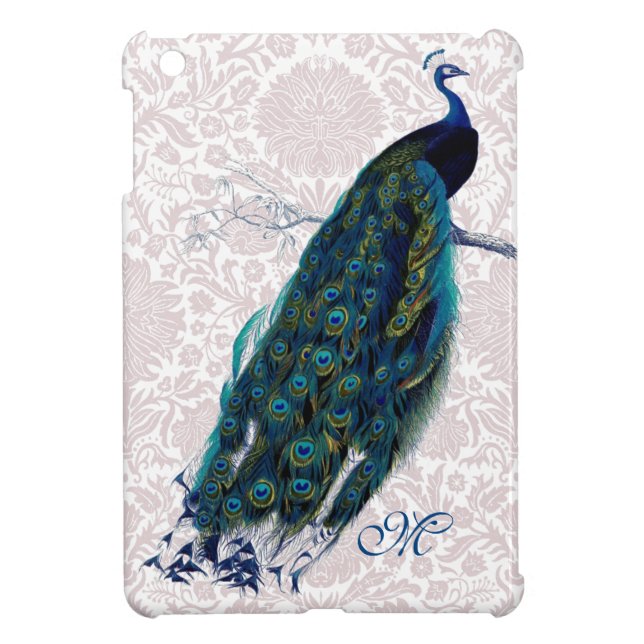 Monogrammed Peacock on Pink Damask iPad Mini Case (Back)