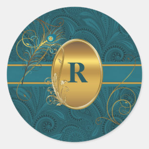 Monogrammed Peacock Teal with Gold Round Classic Round Sticker