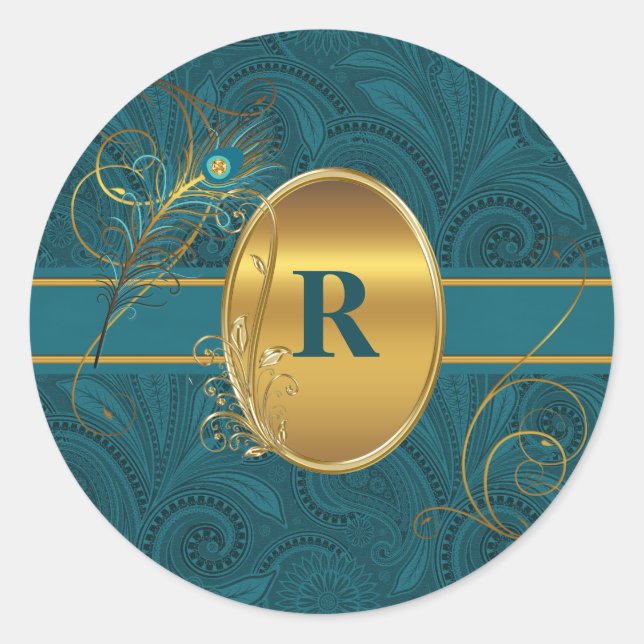 Monogrammed Peacock Teal with Gold Round Classic Round Sticker (Front)