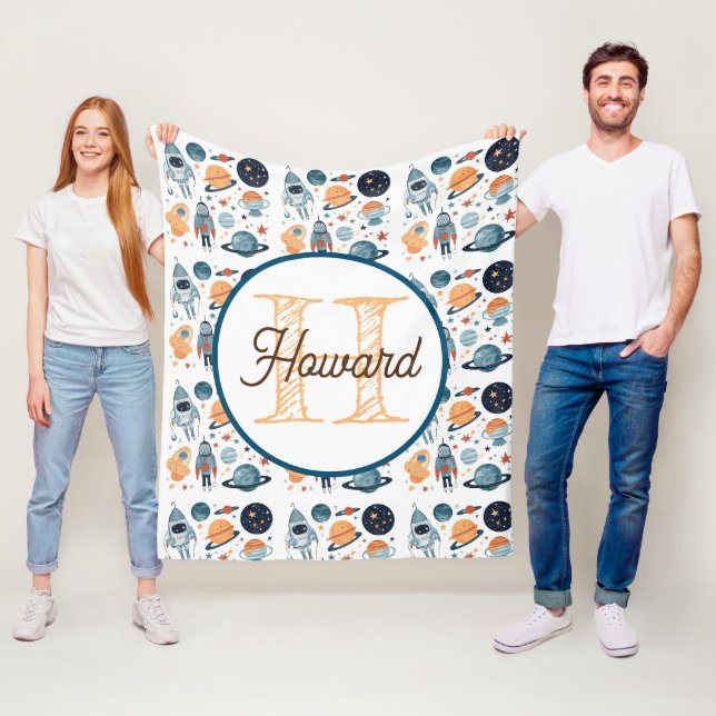 Monogrammed personalized astronaut fleece blanket (In Situ)