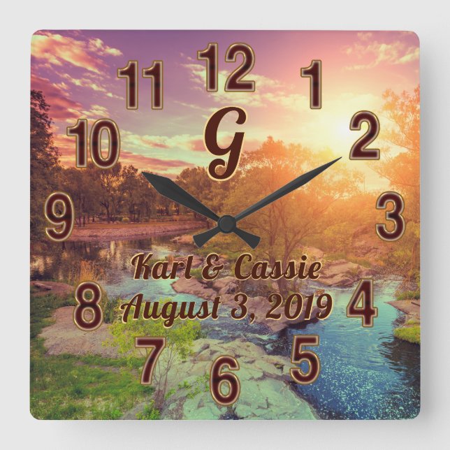 Monogrammed Personalized Clock, Rustic Wedding Square Wall Clock (Front)