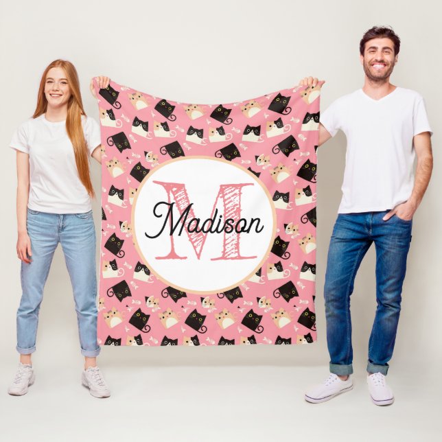 Monogrammed personalized cute cats fleece blanket (In Situ)