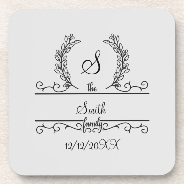 Monogrammed Personalized Family Name Script leaves Coaster (Front)