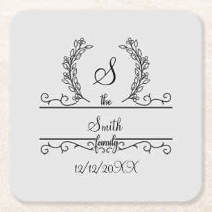 Monogrammed Personalized Family Name Script leaves Square Paper Coaster