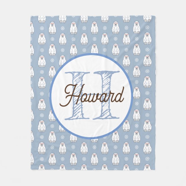 Monogrammed personalized polar bear fleece blanket (Front)