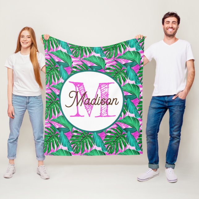 Monogrammed personalized tropical fleece blanket (In Situ)