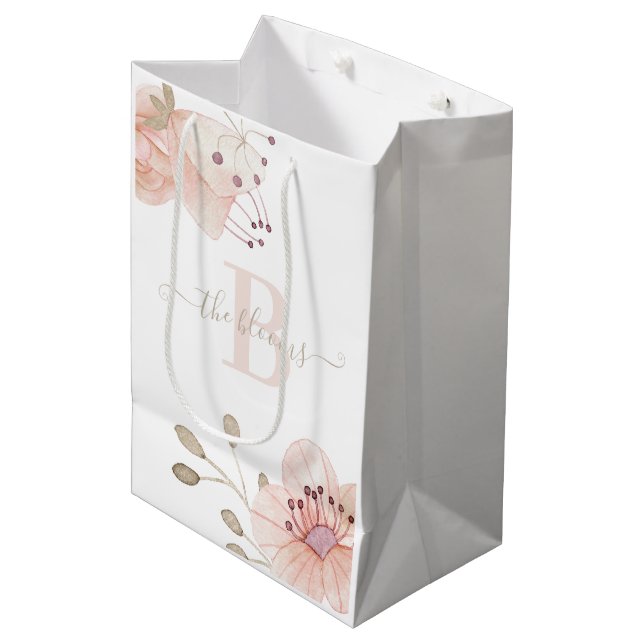 Monogrammed Photo Watercolor Peach Floral Gift Bag (Front Angled)