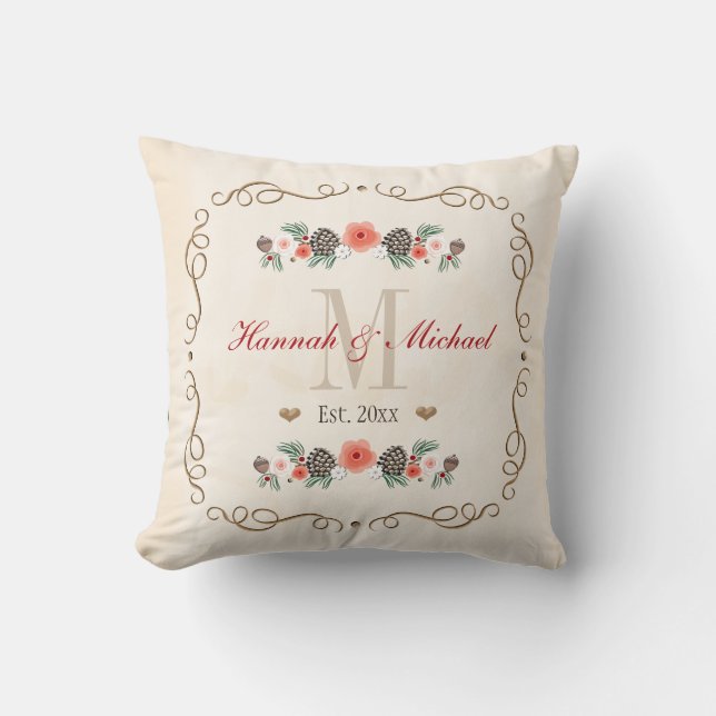 Monogrammed Pine Cone Christmas Wedding Year Throw Pillow (Front)