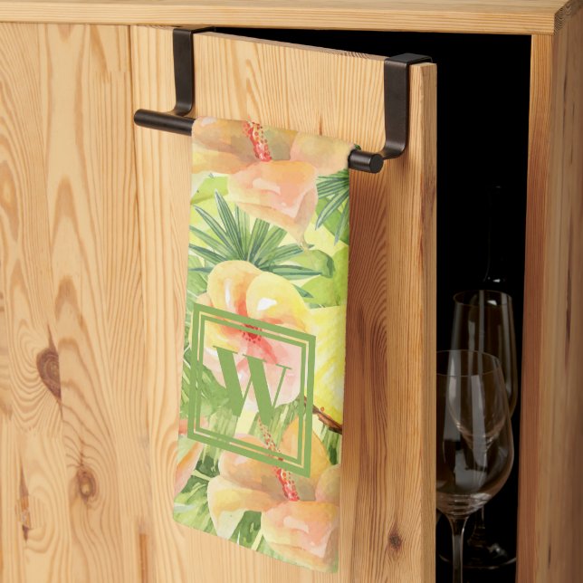 Monogrammed Pineapple Flowers Kitchen Towel (Thirds Fold)