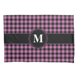 Monogrammed Pink And Black Gingham Pattern Pillowcase