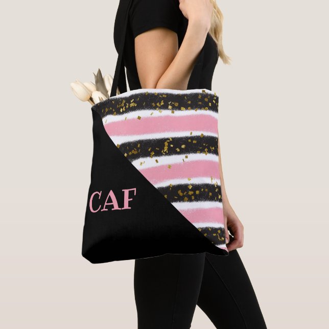 Monogrammed Pink and Black Stripes Gold Glitter Tote Bag (Close Up)
