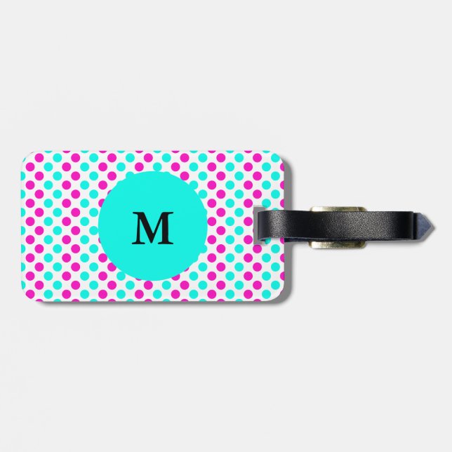 Monogrammed Pink and Blue Polka Dots Luggage Tag (Back Horizontal)