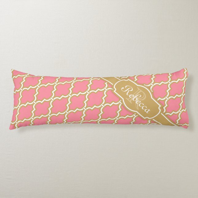 Monogrammed Pink and Gold Lattice Pattern Body Pillow (Front)