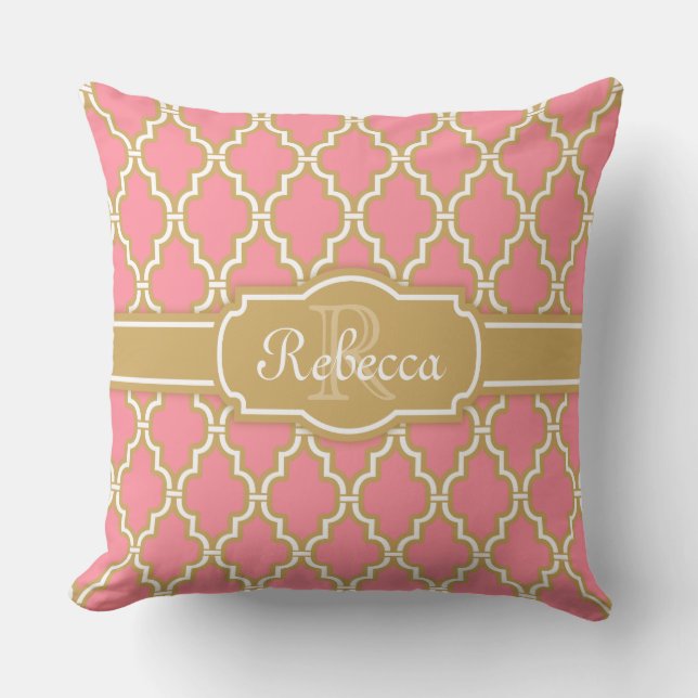 Monogrammed Pink and Gold Lattice Pattern Throw Pillow (Front)