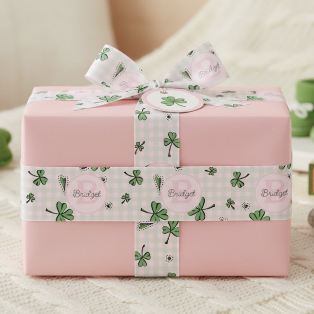 Monogrammed Pink and Green Shamrocks & Gingham Grosgrain Ribbon (Irish Shamrock Ribbon for Baby Girl. Green & Pink Tartan with Lucky Green Four Leaf Clover Pattern.)